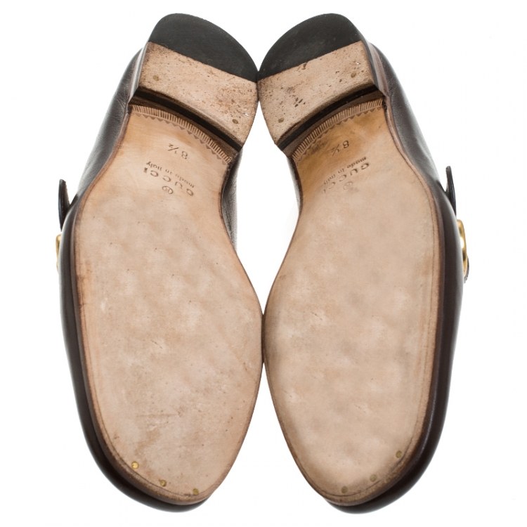 Pre Owned Gucci Brown Leather GG Marmont Web Slip On Loafers Size 42.5