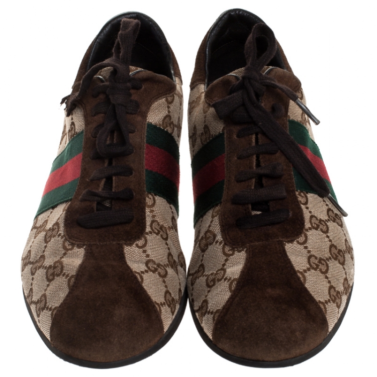 Pre Owned Gucci Beige/Brown GG Canvas And Suede Ace Vintage Web Lace Up Sneakers Size 41.5