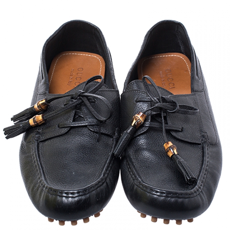Pre Owned Gucci Brown Leather Bamboo Tassel Lace Damo Loafers Size 46