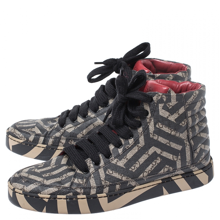 Pre Owned Gucci Black/Beige Geometric Print GG Supreme Canvas High Top Sneakers Size 41
