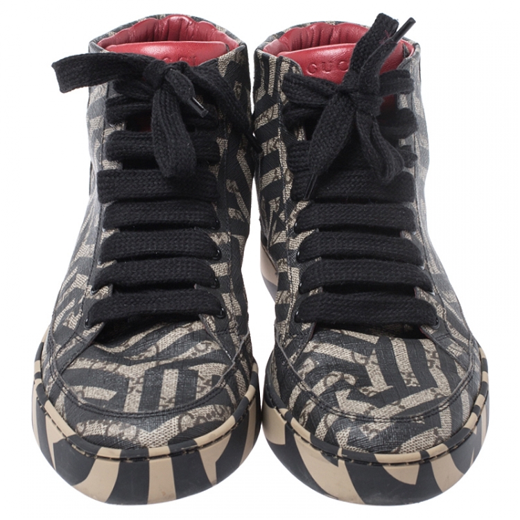 Pre Owned Gucci Black/Beige Geometric Print GG Supreme Canvas High Top Sneakers Size 41