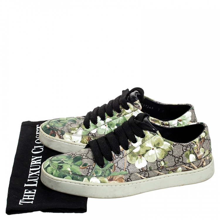 Pre Owned Gucci Green/Beige Bloom Print GG Supreme Canvas Lace Up Low Top  Sneaker Size 43