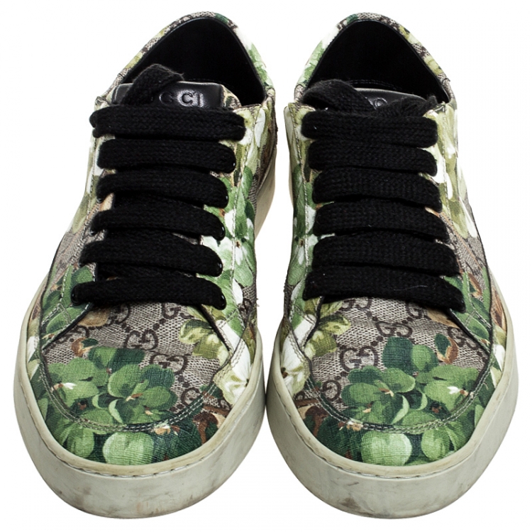 Pre Owned Gucci Green/Beige Bloom Print GG Supreme Canvas Lace Up Low Top  Sneaker Size 43