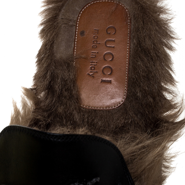 Pre Owned Gucci Black Snake Embroidered Leather and Fur Lined Princetown Mules Size 44