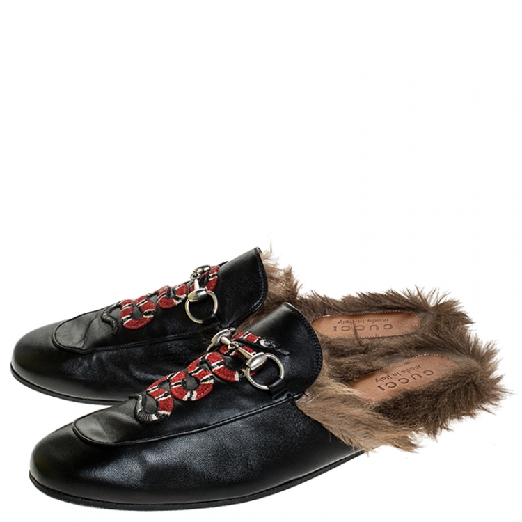 Pre Owned Gucci Black Snake Embroidered Leather and Fur Lined Princetown Mules Size 44