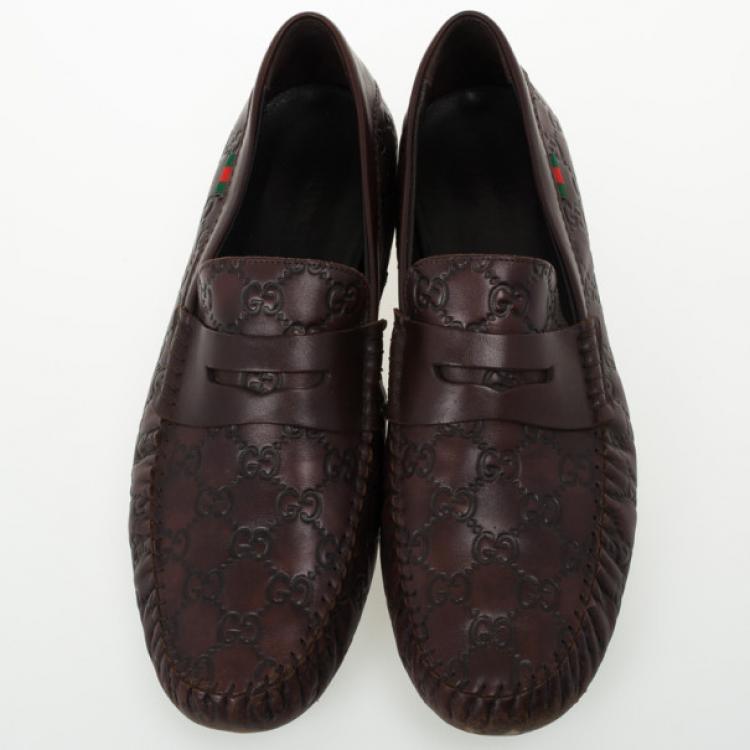 Pre Owned Gucci Dark Brown Guccissima Leather Penny Loafer Drivers With Interlocking G Size 43.5