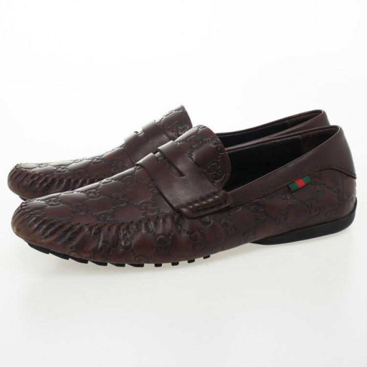 Pre Owned Gucci Dark Brown Guccissima Leather Penny Loafer Drivers With Interlocking G Size 43.5