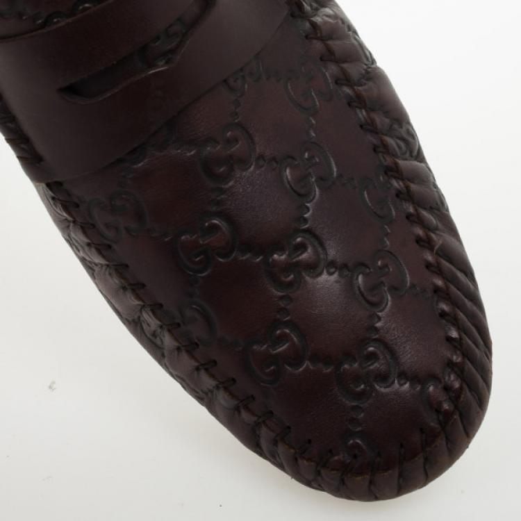 Pre Owned Gucci Dark Brown Guccissima Leather Penny Loafer Drivers With Interlocking G Size 43.5
