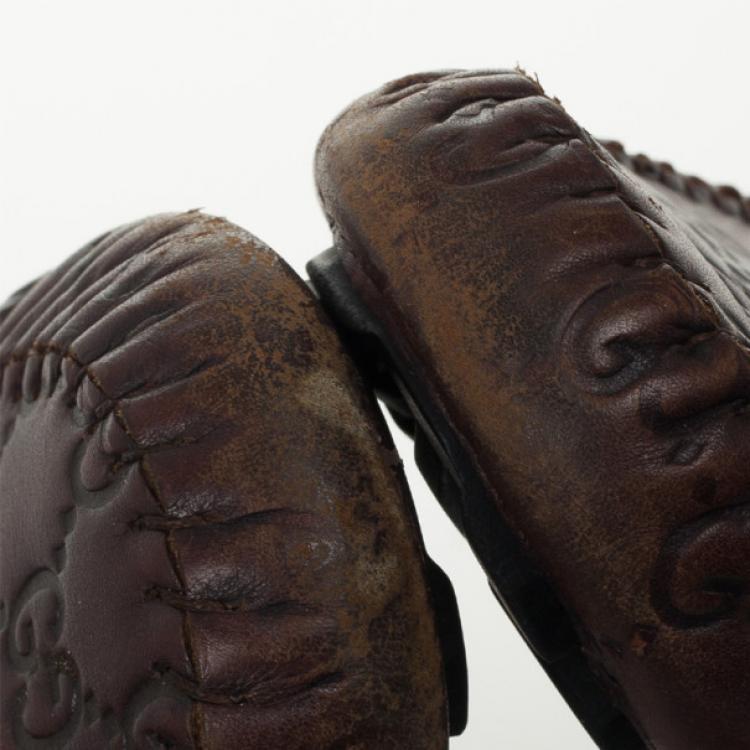 Pre Owned Gucci Dark Brown Guccissima Leather Penny Loafer Drivers With Interlocking G Size 43.5