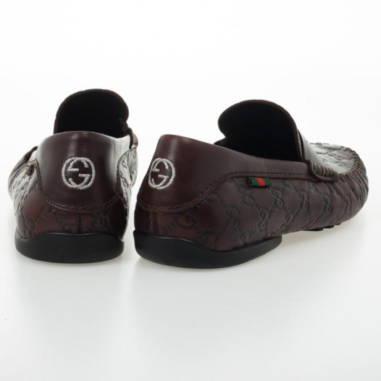 Pre Owned Gucci Dark Brown Guccissima Leather Penny Loafer Drivers With Interlocking G Size 43.5