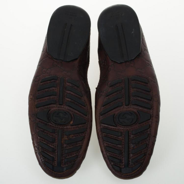Pre Owned Gucci Dark Brown Guccissima Leather Penny Loafer Drivers With Interlocking G Size 43.5