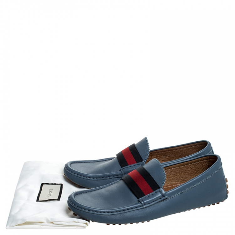 Pre Owned Gucci Blue Leather Web Trim Loafers Size 41