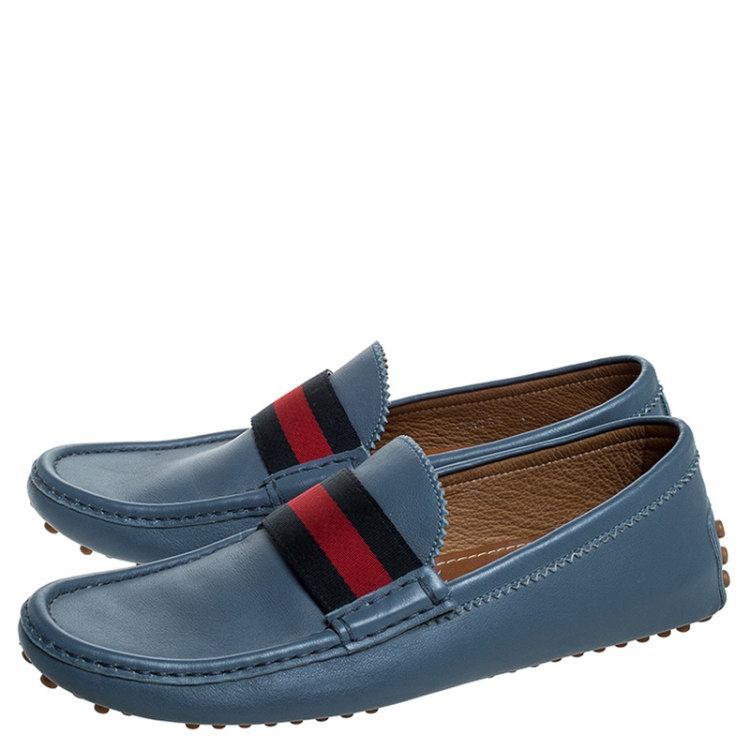 Pre Owned Gucci Blue Leather Web Trim Loafers Size 41