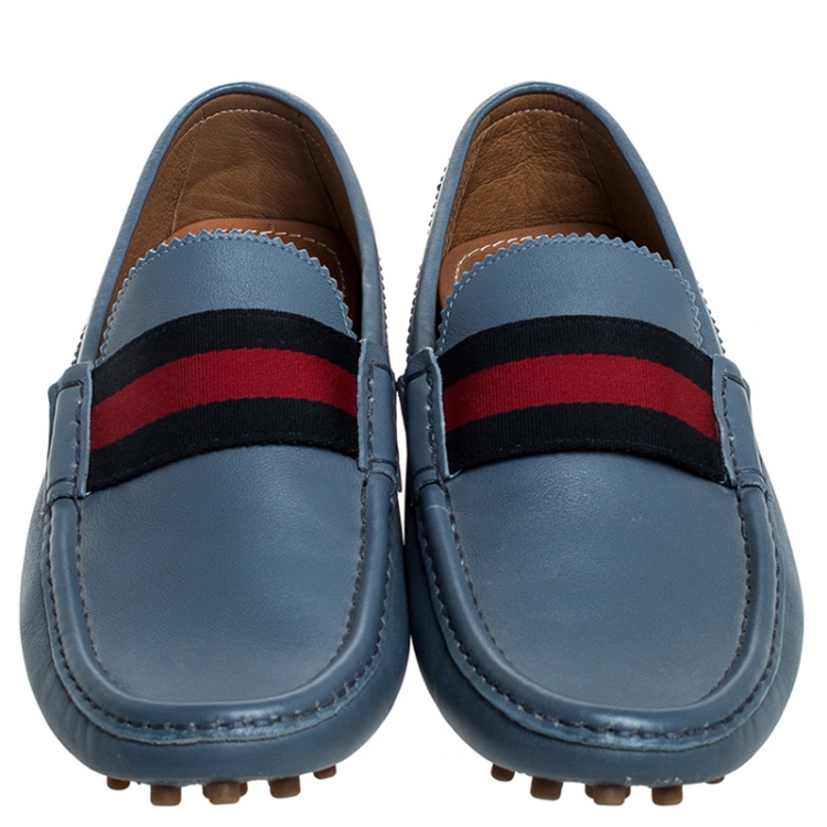 Pre Owned Gucci Blue Leather Web Trim Loafers Size 41