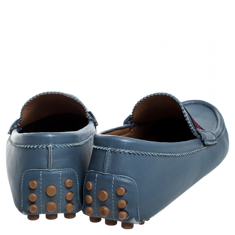 Pre Owned Gucci Blue Leather Web Trim Loafers Size 41