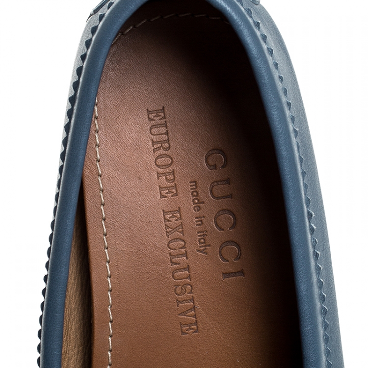 Pre Owned Gucci Blue Leather Web Trim Loafers Size 41
