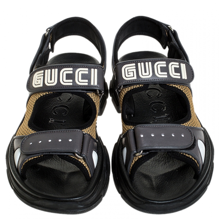 Pre Owned Gucci Grey Leather And Beige Mesh Logo Applique Double Strap Sandals Size 41