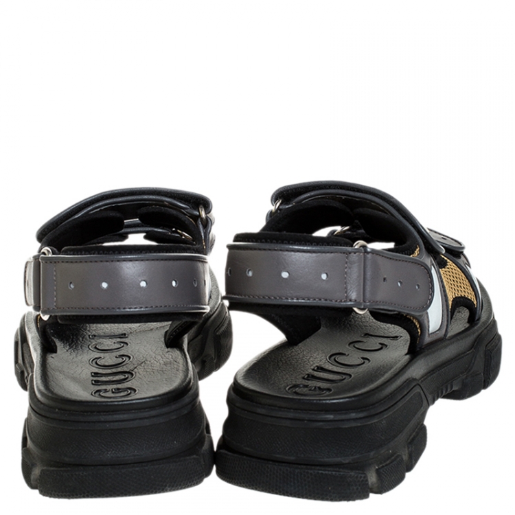 Pre Owned Gucci Grey Leather And Beige Mesh Logo Applique Double Strap Sandals Size 41