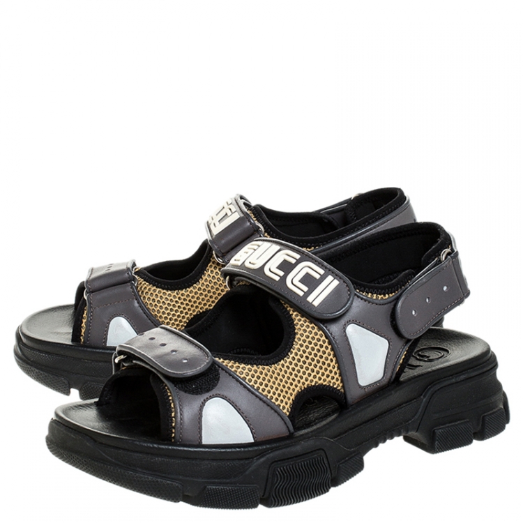 Pre Owned Gucci Grey Leather And Beige Mesh Logo Applique Double Strap Sandals Size 41