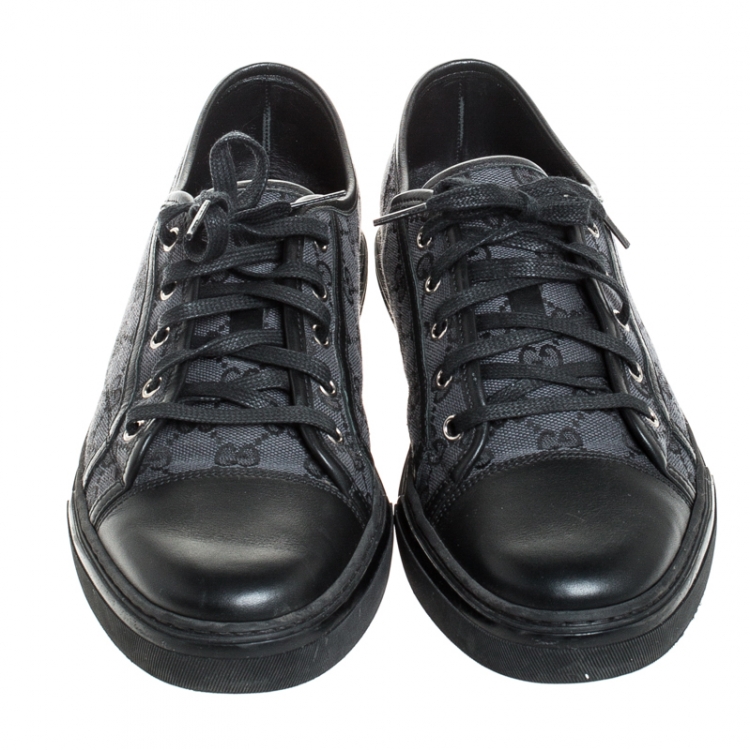 Pre Owned Gucci Black/Navy Blue Leather And GG Canvas Low Top Sneakers Size 43