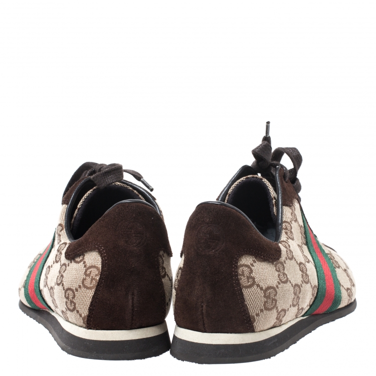 Pre Owned Gucci Beige/Brown GG Canvas and Suede Web Low Top Sneakers Size 38.5