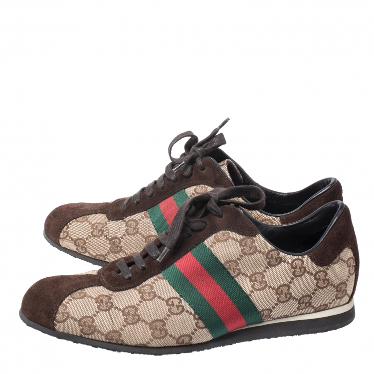 Pre Owned Gucci Beige/Brown GG Canvas and Suede Web Low Top Sneakers Size 38.5
