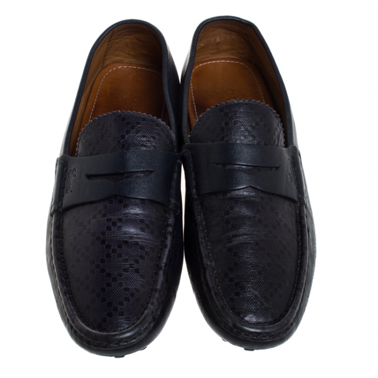 Pre Owned Gucci Blue Print Leather Penny Slip On Loafer Size 42
