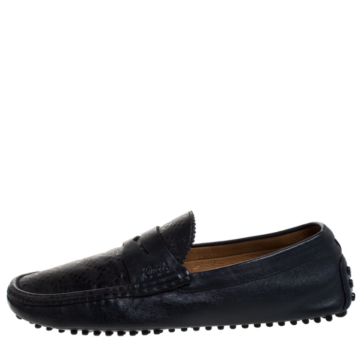 Pre Owned Gucci Blue Print Leather Penny Slip On Loafer Size 42