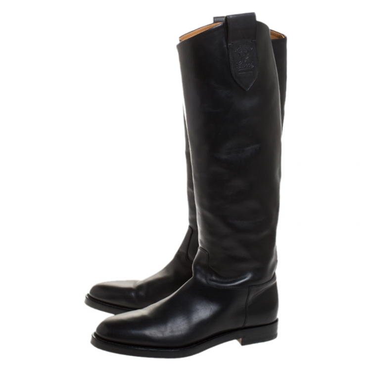 Pre Owned Gucci Black Leather Equestrian Knee High Length Boots Size 42
