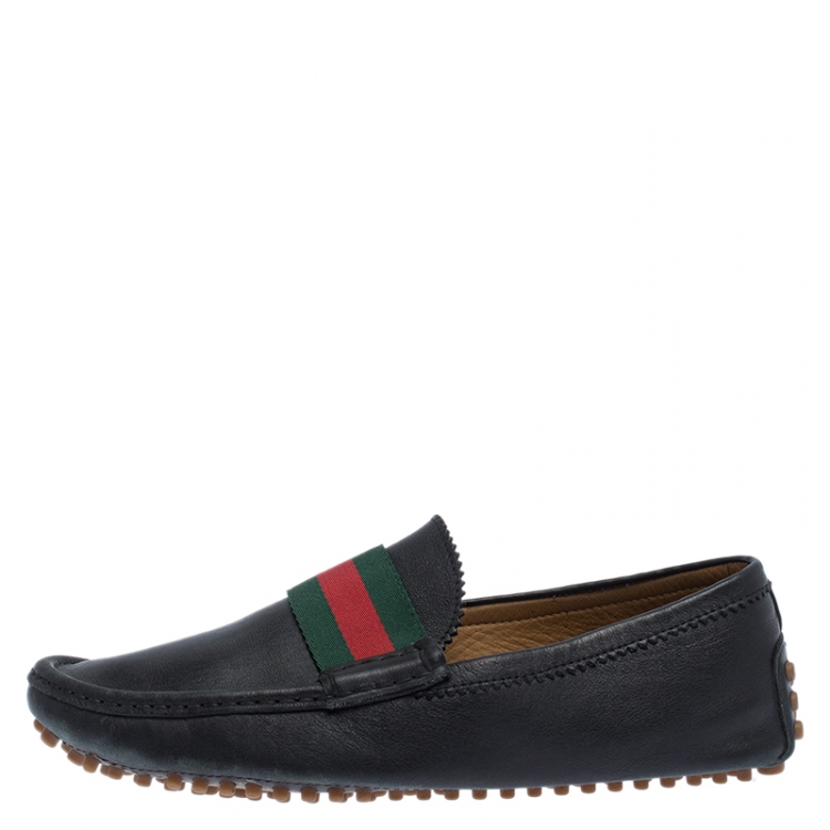 Pre Owned Gucci Black Leather Web Detail Loafers Size 41