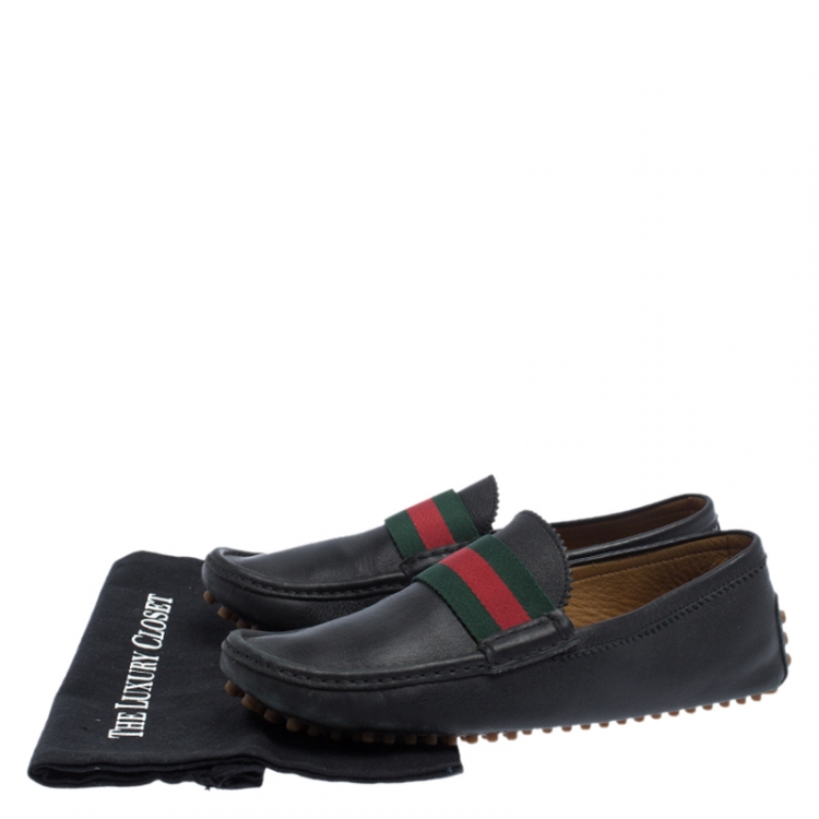 Pre Owned Gucci Black Leather Web Detail Loafers Size 41