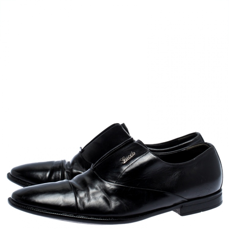 Pre Owned Gucci Black Leather Cap Toe Slip On Loafers Size 40