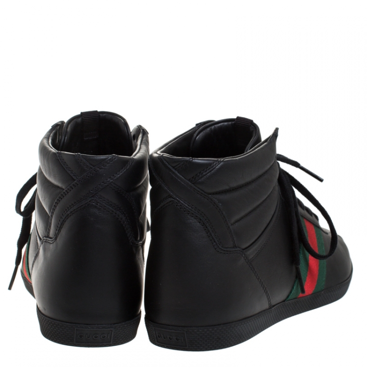 Pre Owned Gucci Black Leather Web Detail High Top Lace Up Sneaker Size 40