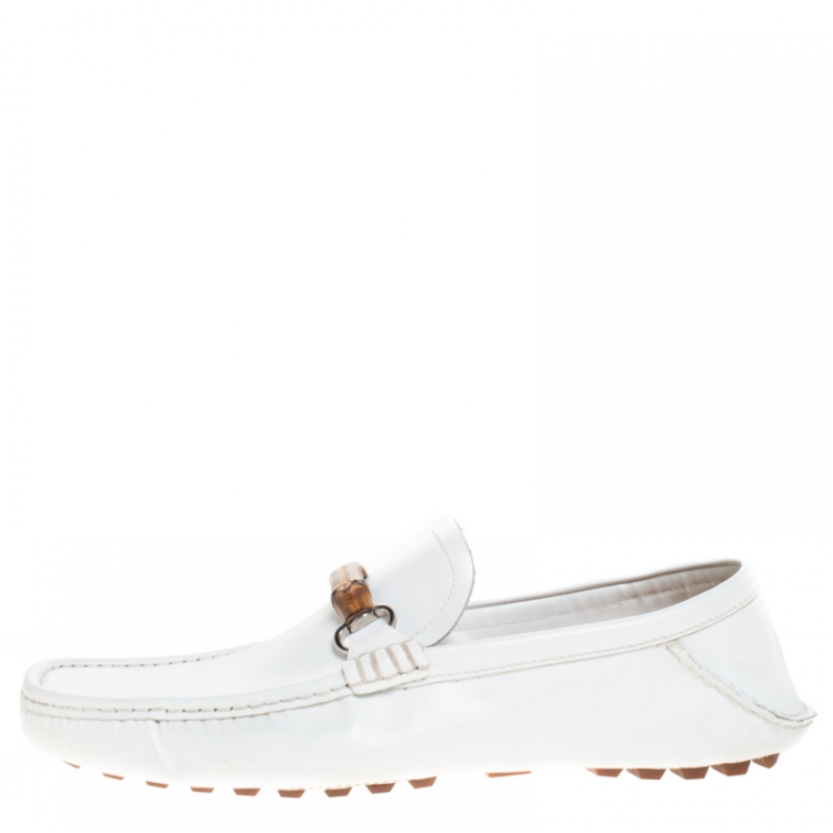 Pre Owned Gucci White Leather Bamboo Horsebit Collapsible Heel Loafer Size 44.5