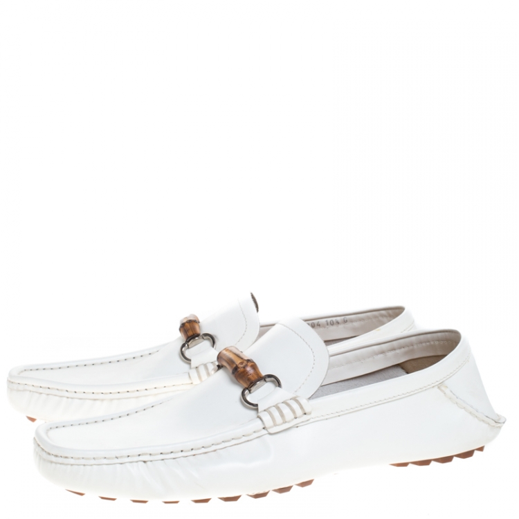 Pre Owned Gucci White Leather Bamboo Horsebit Collapsible Heel Loafer Size 44.5