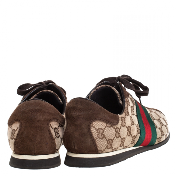 Pre Owned Gucci Beige/Brown GG Canvas And Suede Ace Vintage Web Lace Up Sneakers Size 43