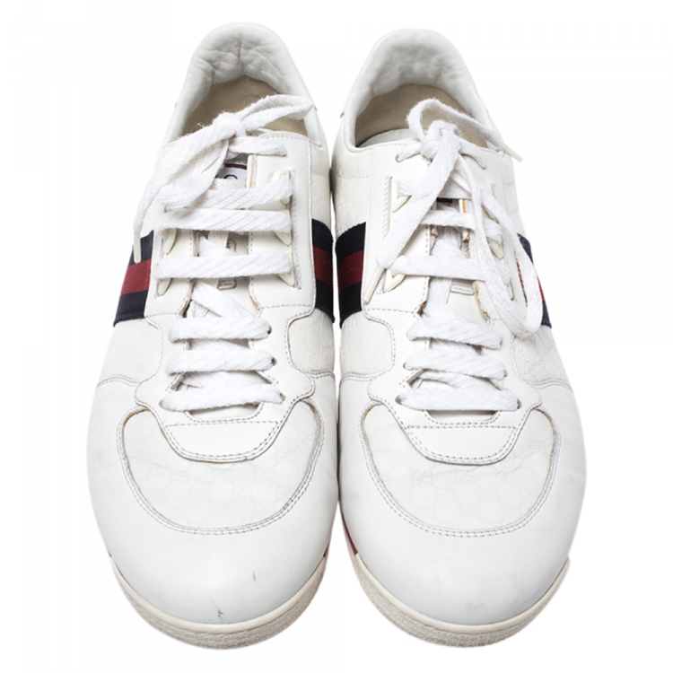 مملوكة مسبقًا Gucci White Micro Guccissima Leather Web Detail Sneakers Size 44.5