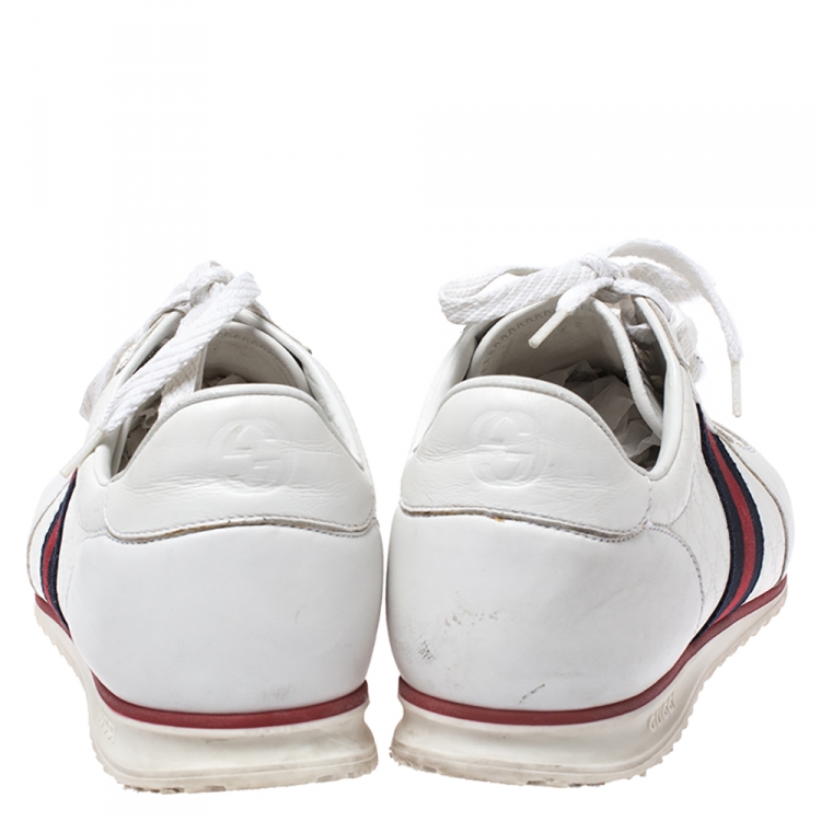 مملوكة مسبقًا Gucci White Micro Guccissima Leather Web Detail Sneakers Size 44.5