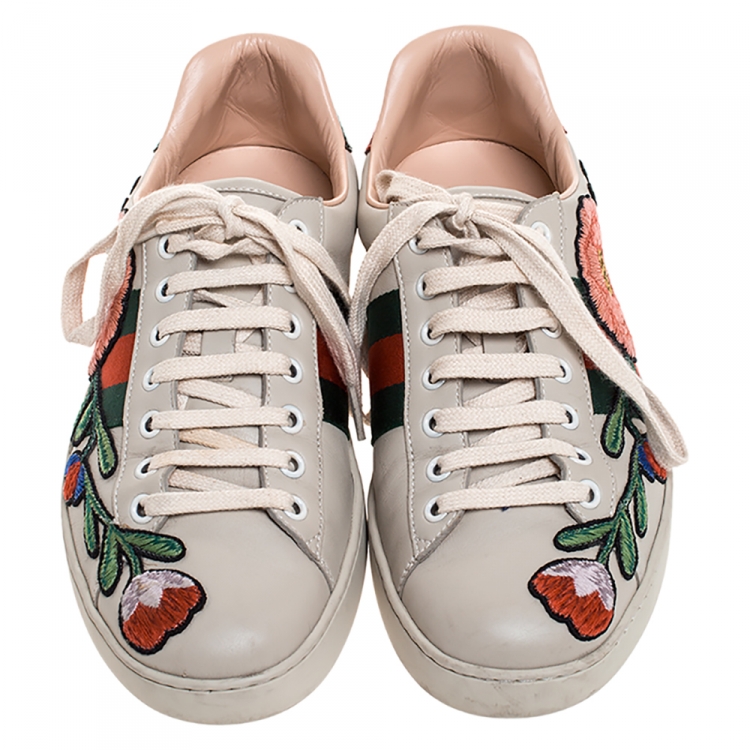 Pre Owned Gucci Cream Floral Embroidered Leather Ace Low Top Sneakers Size 41