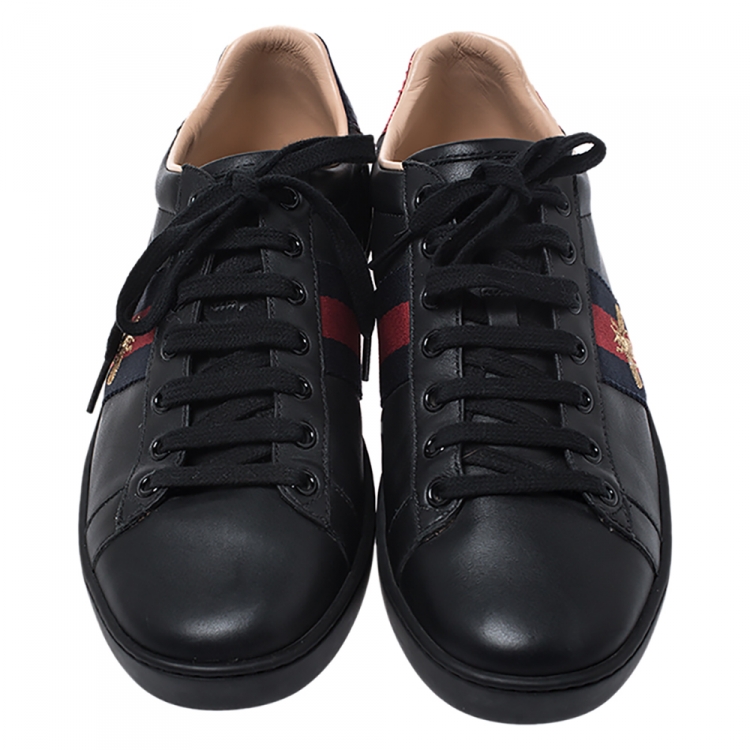 Pre Owned Gucci Black Leather Ace Web Bee Low Top Lace Up Sneakers Size 38