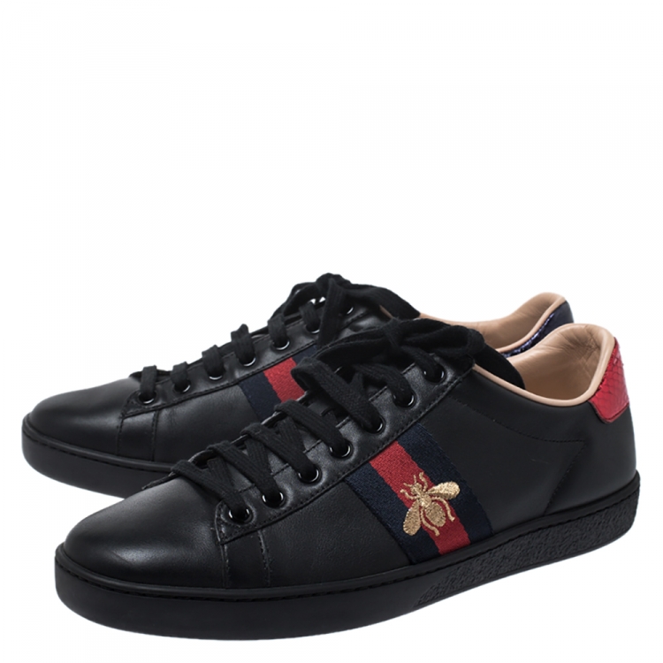 Pre Owned Gucci Black Leather Ace Web Bee Low Top Lace Up Sneakers Size 38