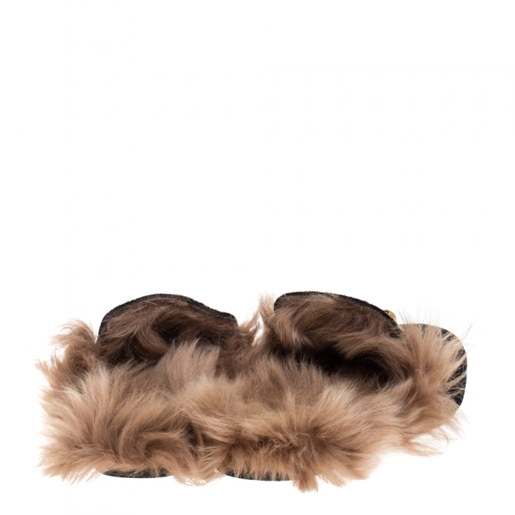 Pre Owned Gucci Black/Brown Velvet and Fur Lined Princetown Flat Mule Size 44