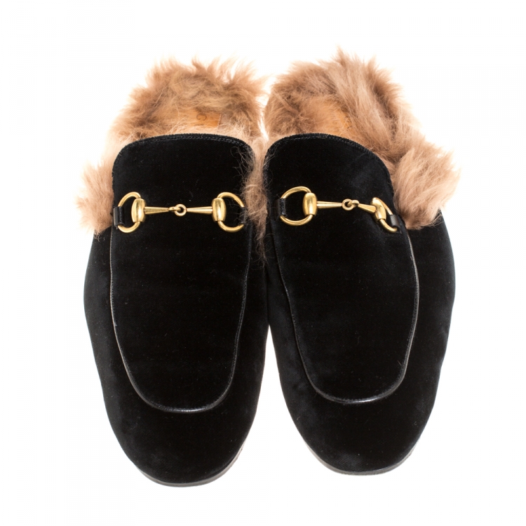 Pre Owned Gucci Black/Brown Velvet and Fur Lined Princetown Flat Mule Size 44