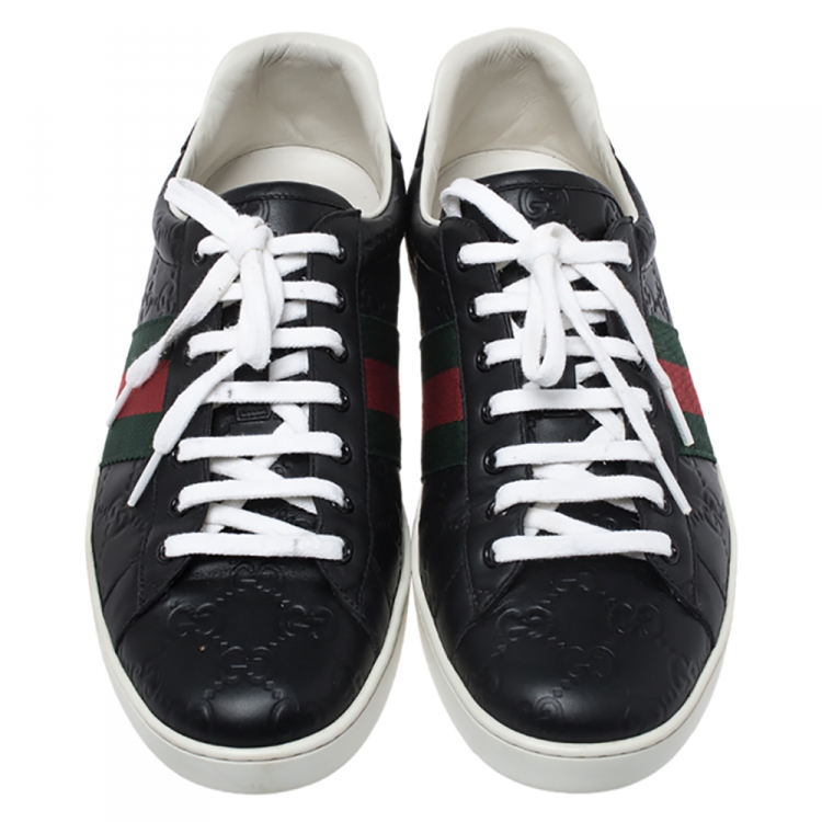 Pre Owned Gucci GG Black Leather Web Detail Low Top Sneakers Size 43