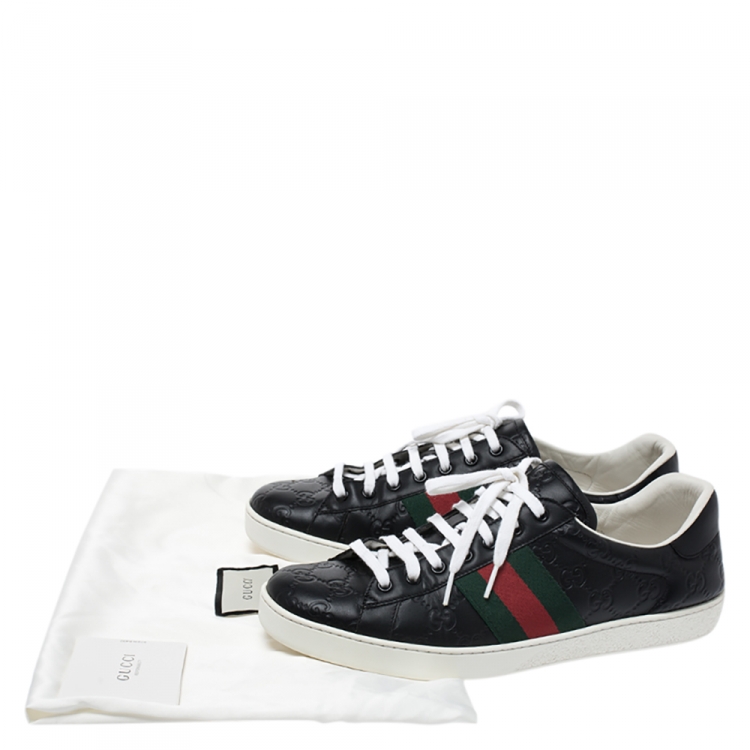 Pre Owned Gucci GG Black Leather Web Detail Low Top Sneakers Size 43