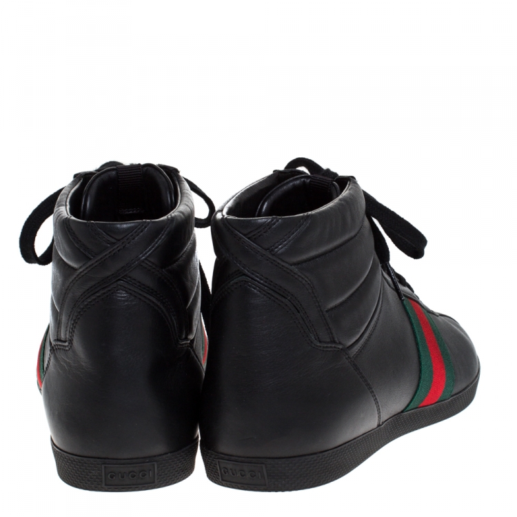 Pre Owned Gucci Black Leather Web Detail High Top Lace Up Sneakers Size 41