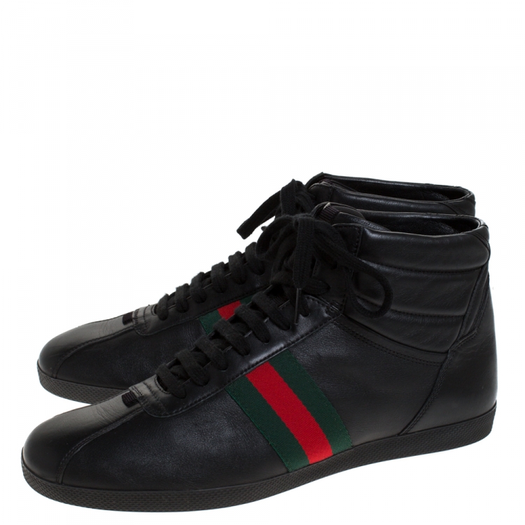Pre Owned Gucci Black Leather Web Detail High Top Lace Up Sneakers Size 41