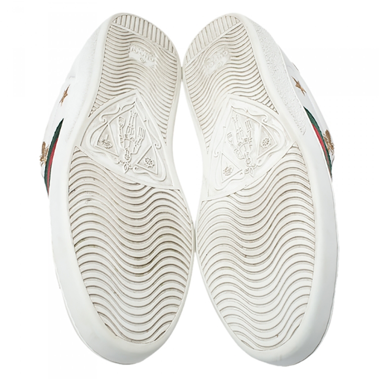 Pre Owned Gucci White Leather Ace Web Bee Embroidered Low Top Sneakers Size 42.5