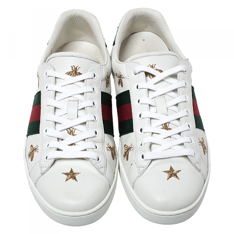 Pre Owned Gucci White Leather Ace Web Bee Embroidered Low Top Sneakers Size 42.5
