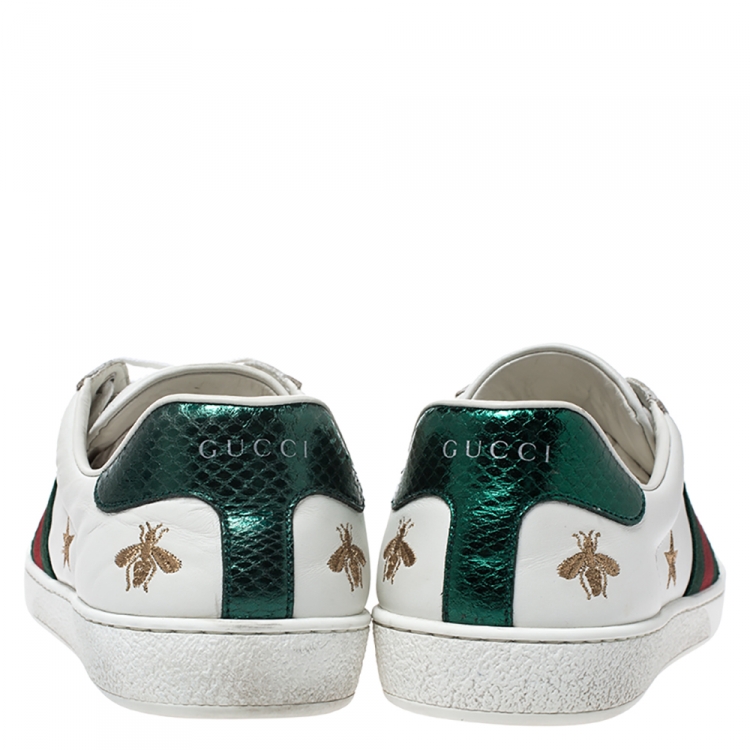 Pre Owned Gucci White Leather Ace Web Bee Embroidered Low Top Sneakers Size 42.5